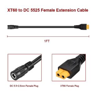 ELFCULB XT60 to DC 5525 Adapter Cable,2 Pieces 14AWG XT60 Female to DC 5.5mm*2.5mm Female Solar Panel Cable Compatible for Portable Power Station Solar Generator and Solar Panel(1FT)