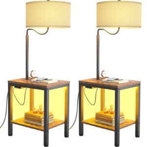 litymax led floor lamp with table, rustic brown side table with led light and power outlet, nightstand with lamp, end table with lamp attached for living room bedroom, usb ports, bulb included, 2 pack