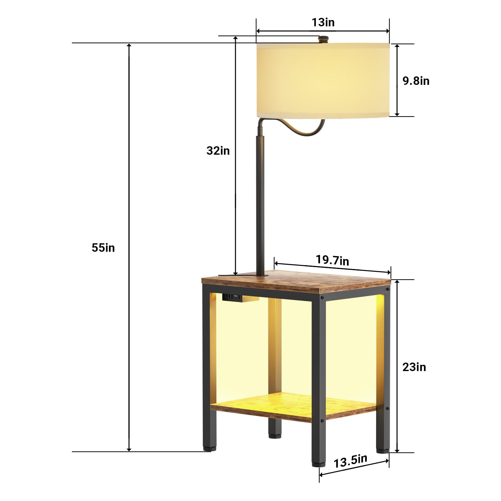 LityMax LED Floor Lamp with Table, Rustic Brown Side Table with LED Light and Power Outlet, Nightstand with Lamp, End Table with Lamp Attached for Living Room Bedroom, USB Ports, Bulb Included, 2 Pack