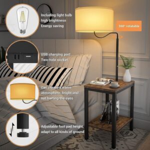 LityMax LED Floor Lamp with Table, Rustic Brown Side Table with LED Light and Power Outlet, Nightstand with Lamp, End Table with Lamp Attached for Living Room Bedroom, USB Ports, Bulb Included, 2 Pack