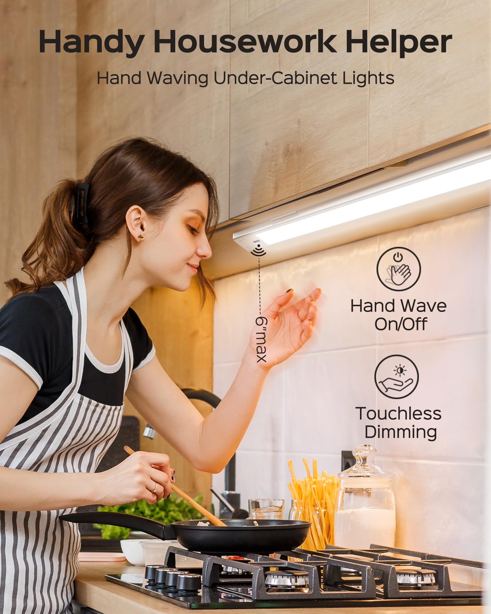 JACKYLED 15.7 Inch Under Cabinet Lights, Led Under Cabinet Lighting Wireless Hand Wave Sensor Lights Indoor, USB-C Magnetic Lights Rechargeable 3000mah Battery Under Counter Lights For Kitchen, 2 Pack