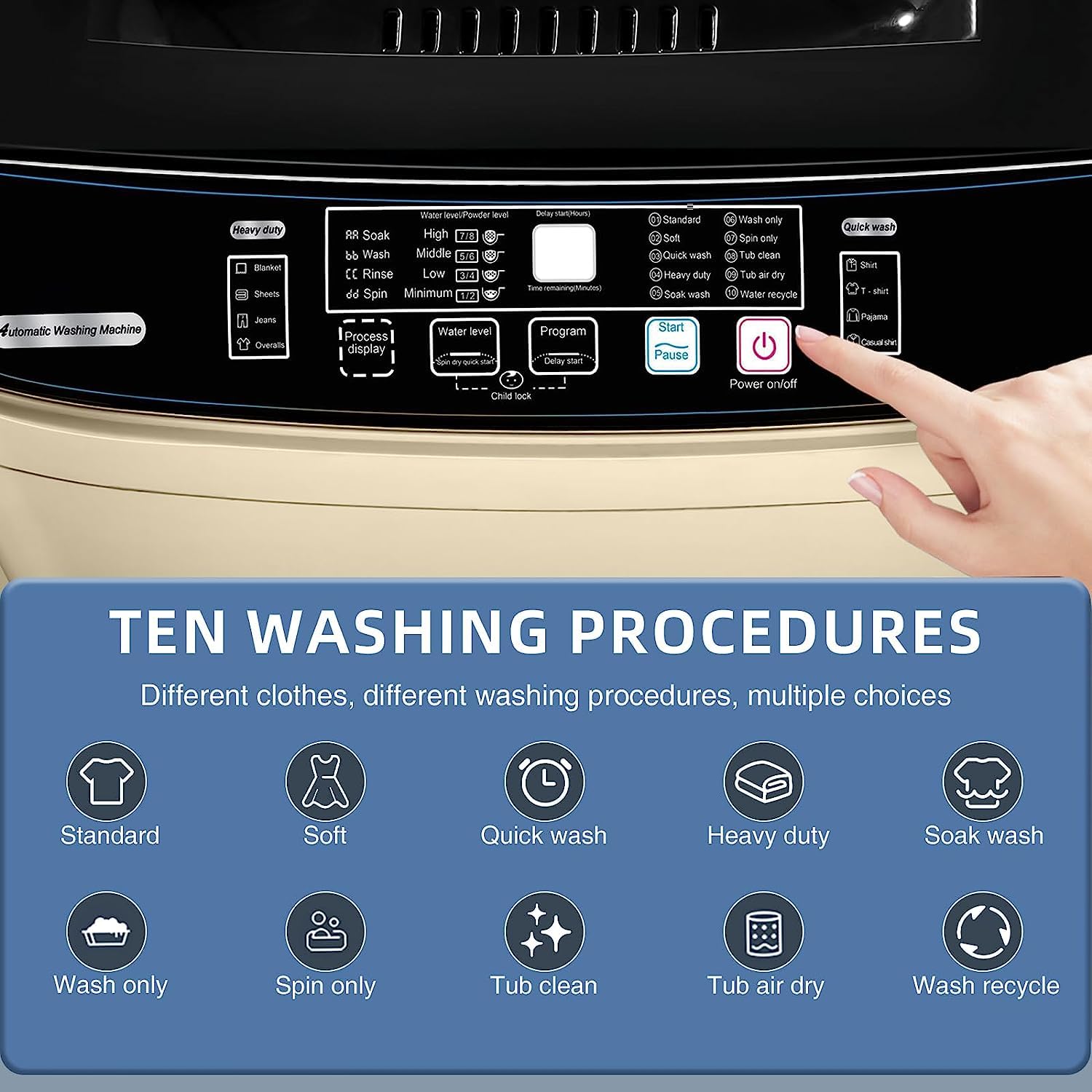 DUOSI Full Automatic Washing Machine, 15.6 lbs Top Load Portable Washer with Drain Pump, LED Display with 10 Programs & 8 Water Levels Selections, Ideal for Apartment, Dorm, RV