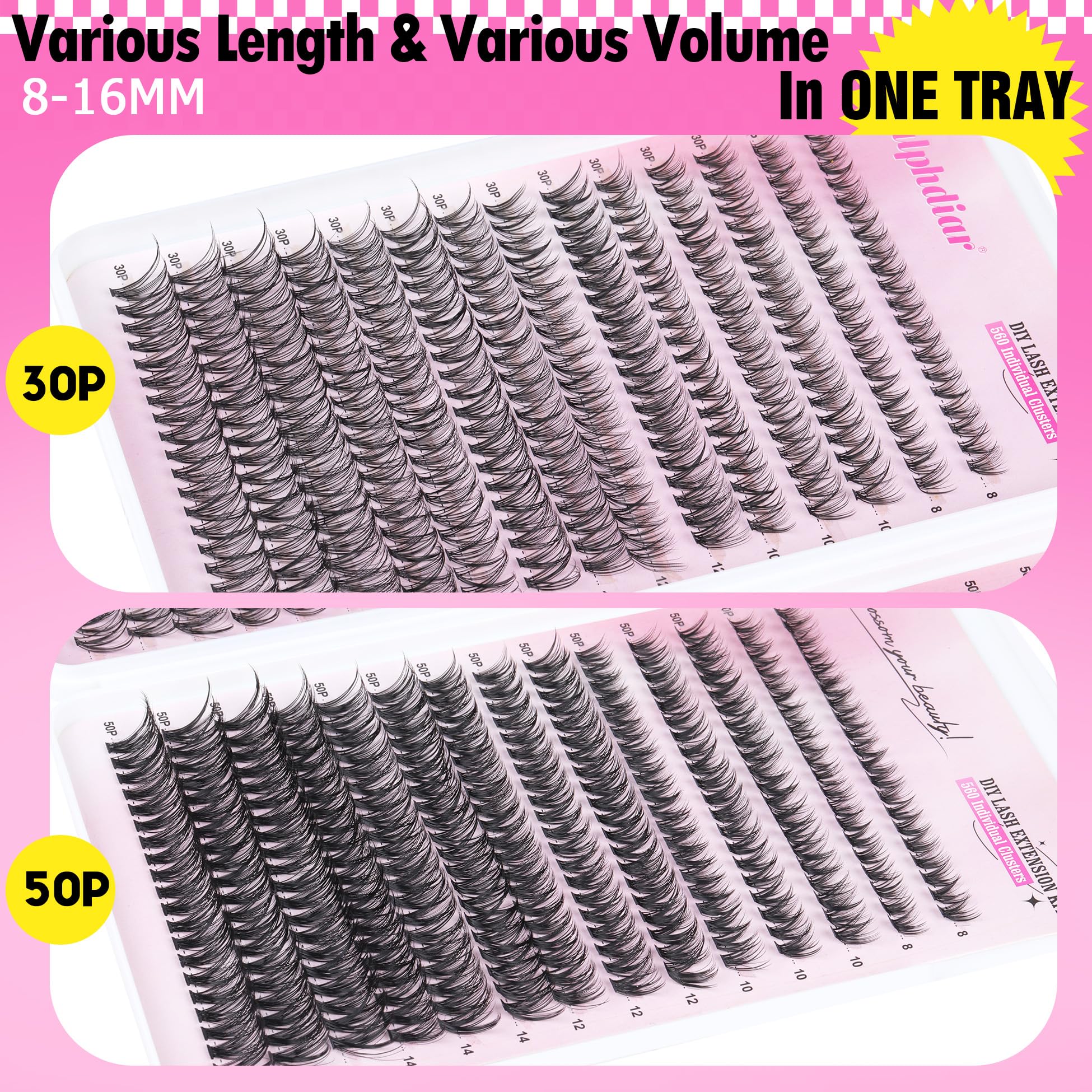 Lash Extension Kit 30D&50D Eyelash Extension Kit D Curl Lash Clusters Kit with Lash Bond and Seal 560 Pcs Natural Lashes Extension Kit with Lash Tweezers by Calphdiar (30D+50D-D-8-16MIX KIT)