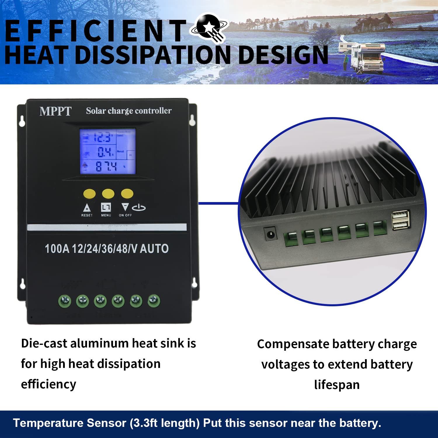 POWLSOJX MPPT 36V/48V/24V/12V Solar Charge Controller Tools 100A/80A/60A LCD Dual USB Lead Acid Lithium Batteries Quick Charger (100A)