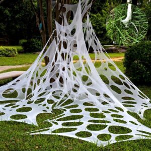 wymulot 800 sqft giant spider web halloween decorations outdoor with 10 small spiders &10 ground nails stretchy beef cloth netting cut-your-own flexible elastic for yard party decor dongdongwang2