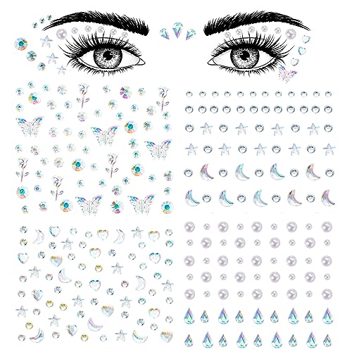 Aaiffey Face Gems Self Adhesive Face Rhinestones Stick On for Hair Gems Makeup Stickers Face,Eyes,Nail Stickers Pearls Star Rhinestones Tattoos for Women, Girls (4 Sheets)