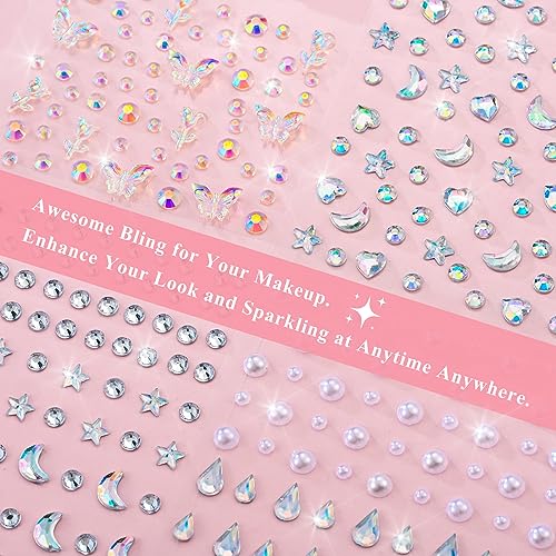 Aaiffey Face Gems Self Adhesive Face Rhinestones Stick On for Hair Gems Makeup Stickers Face,Eyes,Nail Stickers Pearls Star Rhinestones Tattoos for Women, Girls (4 Sheets)