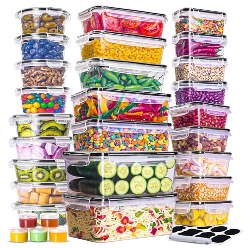 RFAQK 60 Pcs Food Storage Containers with Lids Airtight-75 OZ to 1.2 OZ(30 Containers & 30 Lids)100% BPA-Free Clear Plastic Reusable Meal-Prep Containers-Microwave,Dishwasher Safe with Labels & Marker