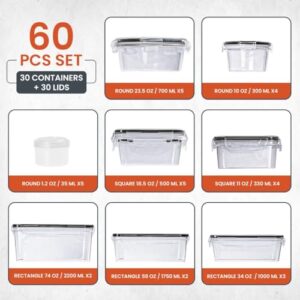 RFAQK 60 Pcs Food Storage Containers with Lids Airtight-75 OZ to 1.2 OZ(30 Containers & 30 Lids)100% BPA-Free Clear Plastic Reusable Meal-Prep Containers-Microwave,Dishwasher Safe with Labels & Marker