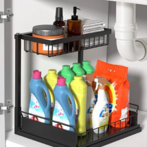 atzeste Metal 2 Tier Under Sink Organizer, Sliding Pull Out Cabinet Shelf Organizer, Multi-purpose Storage Shelf for Bathroom Kitchen, Black…