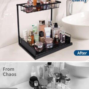 atzeste Metal 2 Tier Under Sink Organizer, Sliding Pull Out Cabinet Shelf Organizer, Multi-purpose Storage Shelf for Bathroom Kitchen, Black…