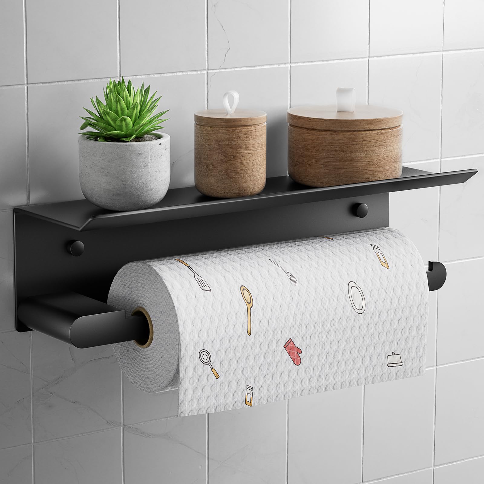 Paper Towel Holder, Aheucndg Wall Mount Paper Towel Holder, Paper Roll Holder with Shelf for Kitchen or Bathroom, Self-Adhesive or Drill Mounting (Black)