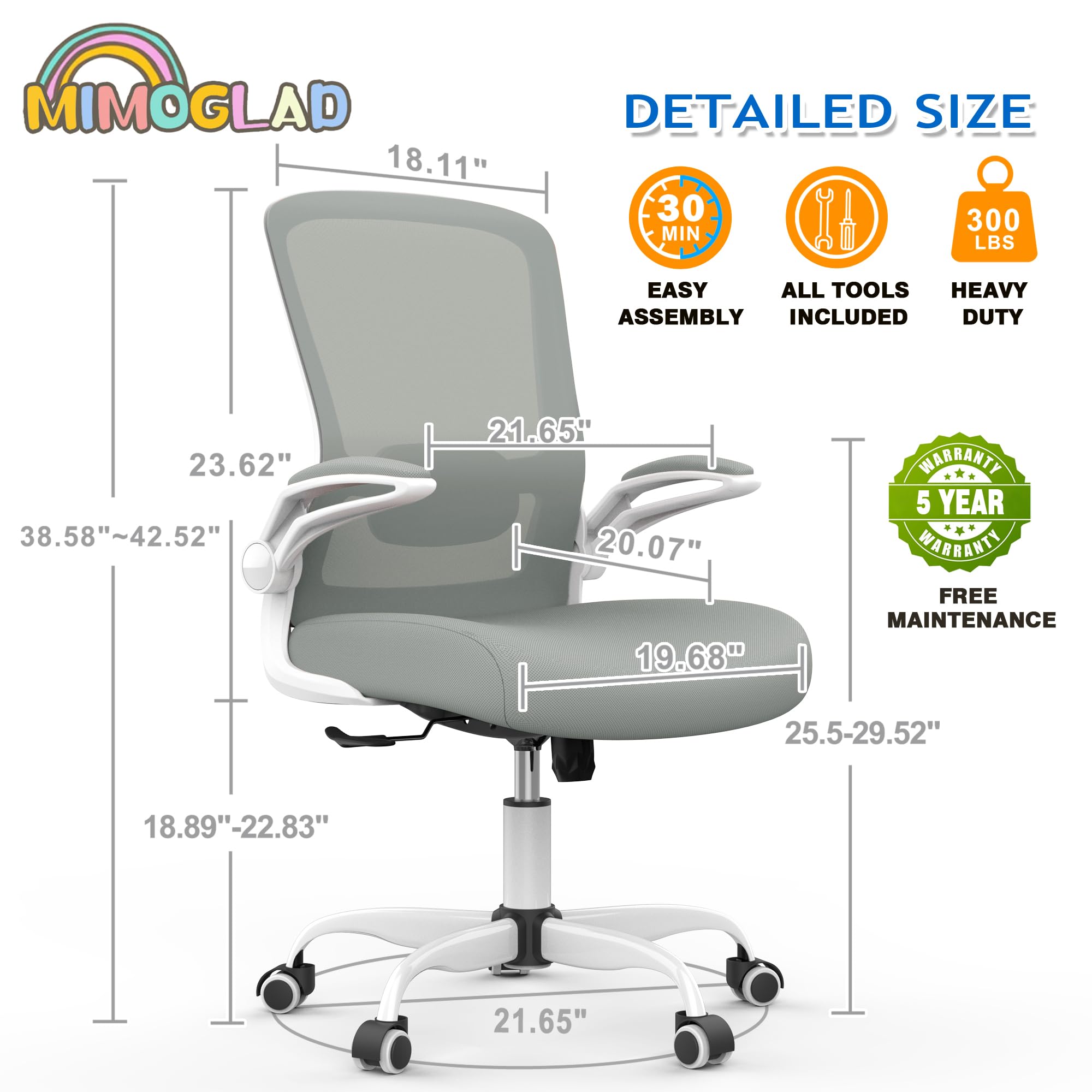 Mimoglad Home Office Chair, High Back Desk Chair, Ergonomic Mesh Computer Chair with Adjustable Lumbar Support and Thickened Seat Cushion (Modern, Moon Gray)