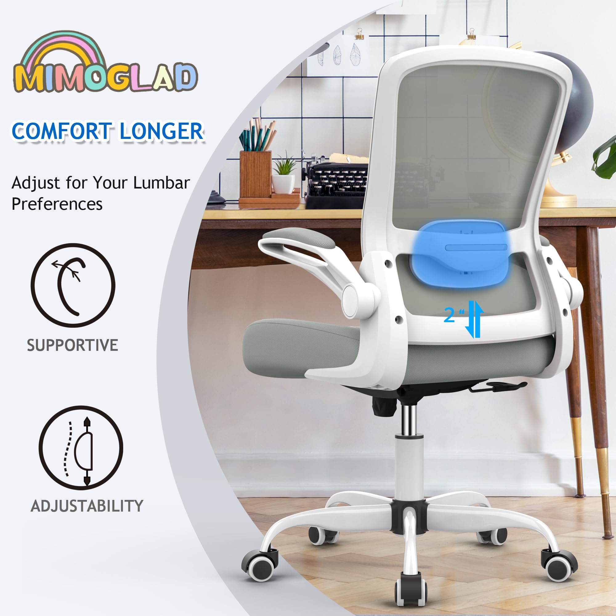 Mimoglad Home Office Chair, High Back Desk Chair, Ergonomic Mesh Computer Chair with Adjustable Lumbar Support and Thickened Seat Cushion (Modern, Moon Gray)