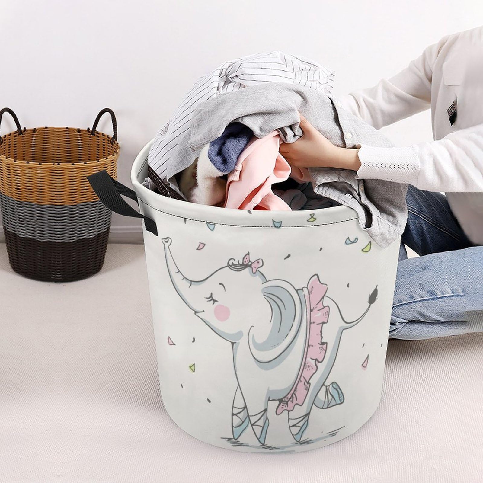 HoaMoya Collapsible Cute Elephant Ballerina Laundry Basket Cartoon Animal Freestanding Laundry Hamper With Handles Large Waterproof Cloth Toy Storage Bin for Household Bedroom Bathroom