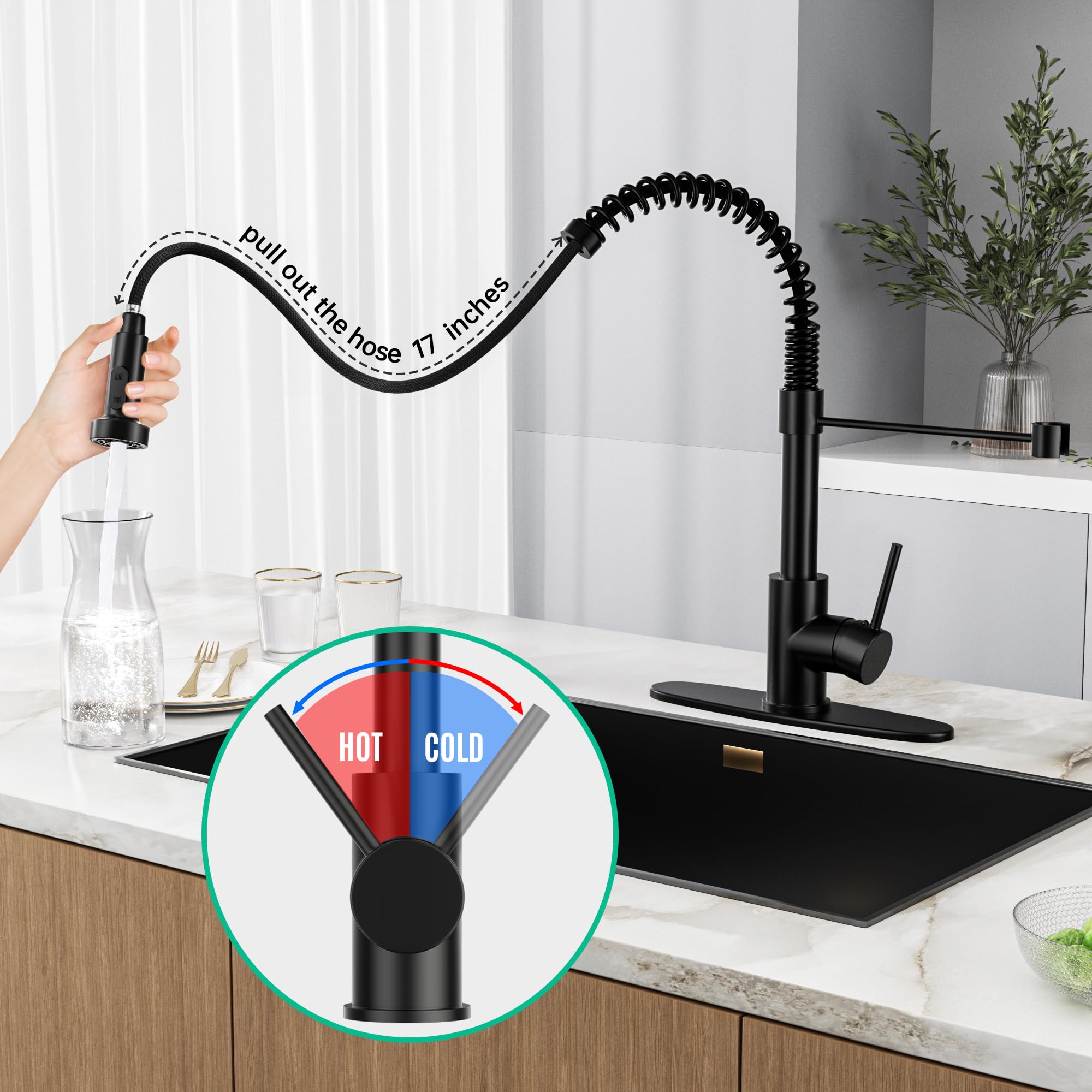 Black Kitchen Faucet with Pull Down Spray Head Stainless Steel Single Handle Pull Out Spring Loaded Sink Faucet 1 Hole or 3 Hole Dual Function for Farmhouse Camper Laundry Sundry RV Wet Bar