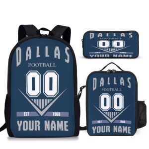 quzeoxb custom dallas backpack 3pcs bag set laptop bag, lunch bag and pencil case personalized name number gifts for men women boy