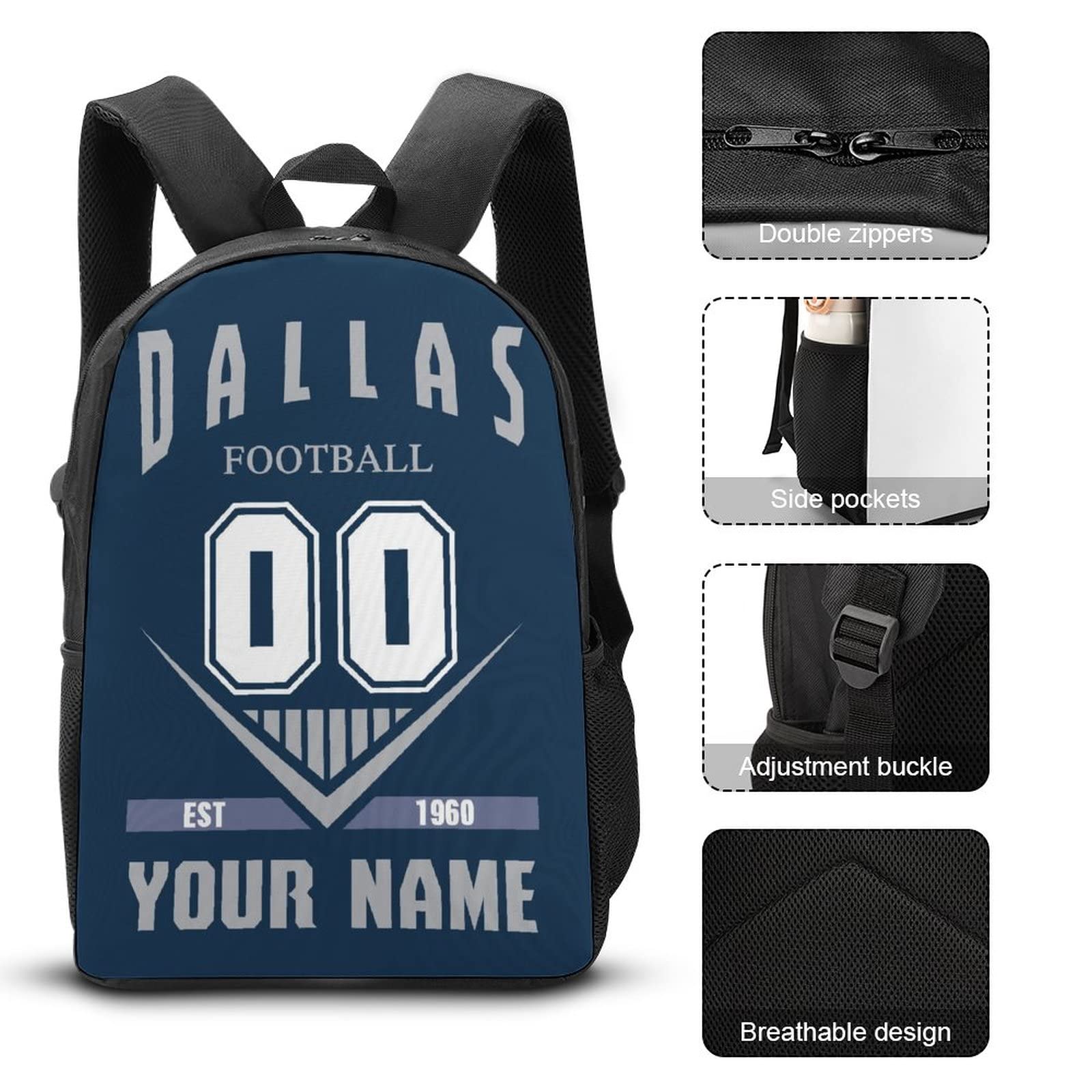 Quzeoxb Custom Dallas Backpack 3pcs Bag Set Laptop Bag, Lunch Bag and Pencil Case Personalized Name Number Gifts for Men Women Boy