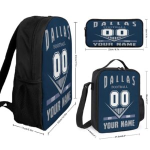 Quzeoxb Custom Dallas Backpack 3pcs Bag Set Laptop Bag, Lunch Bag and Pencil Case Personalized Name Number Gifts for Men Women Boy