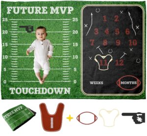 pavo premium football milestone blanket for baby boys - includes 3 exclusive frames - personalized monthly baby milestone blanket for newborn ultra-soft and cozy 60"x40" keepsake