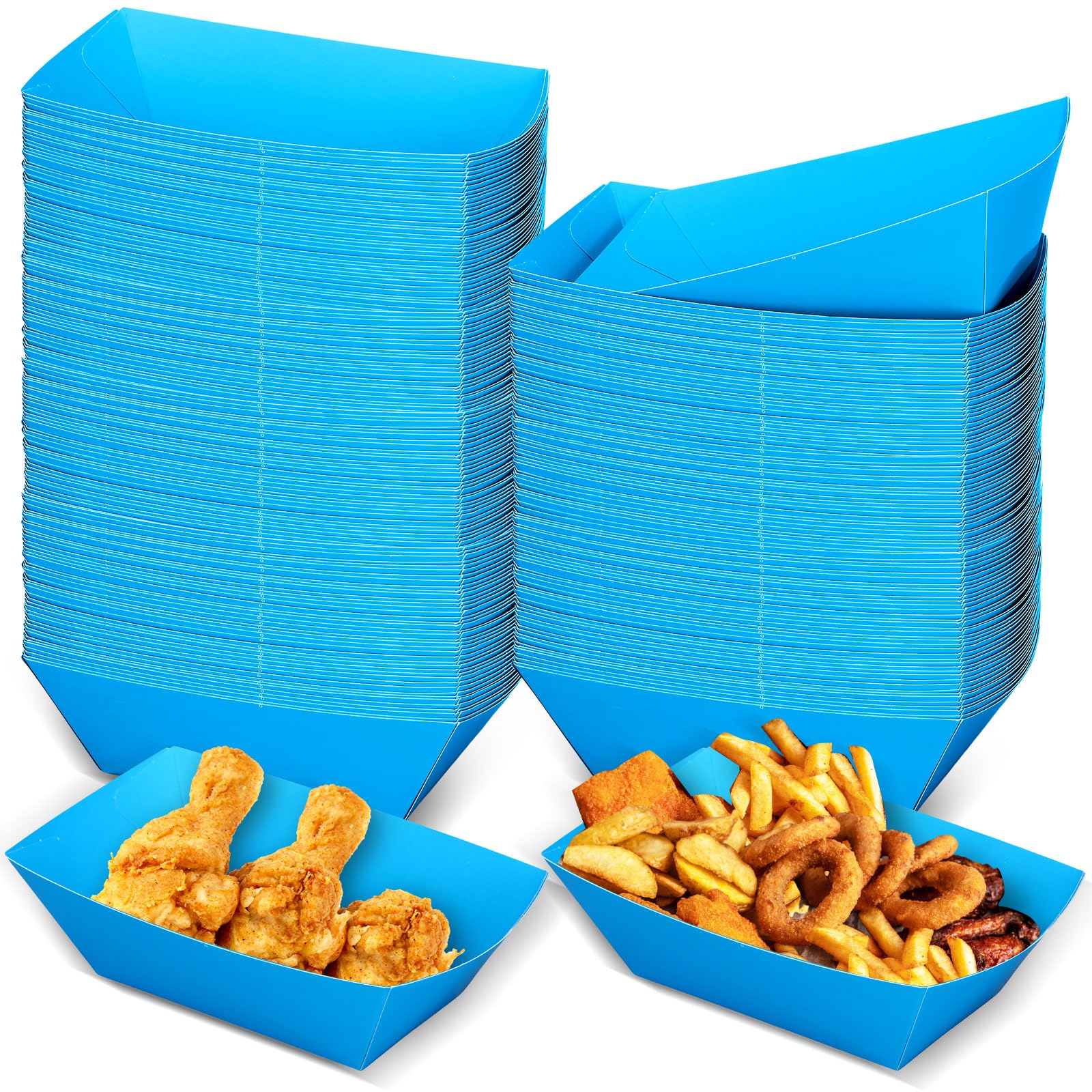 Uiifan 200 Pcs Paper Food Boats Disposable Paper Food Tray Nacho Fast Food Baskets Grease Resistant Disposable Serving Tray Cardboard Hot Dog Holder for Burgers Fries Sandwiches Picnic Party (Blue)