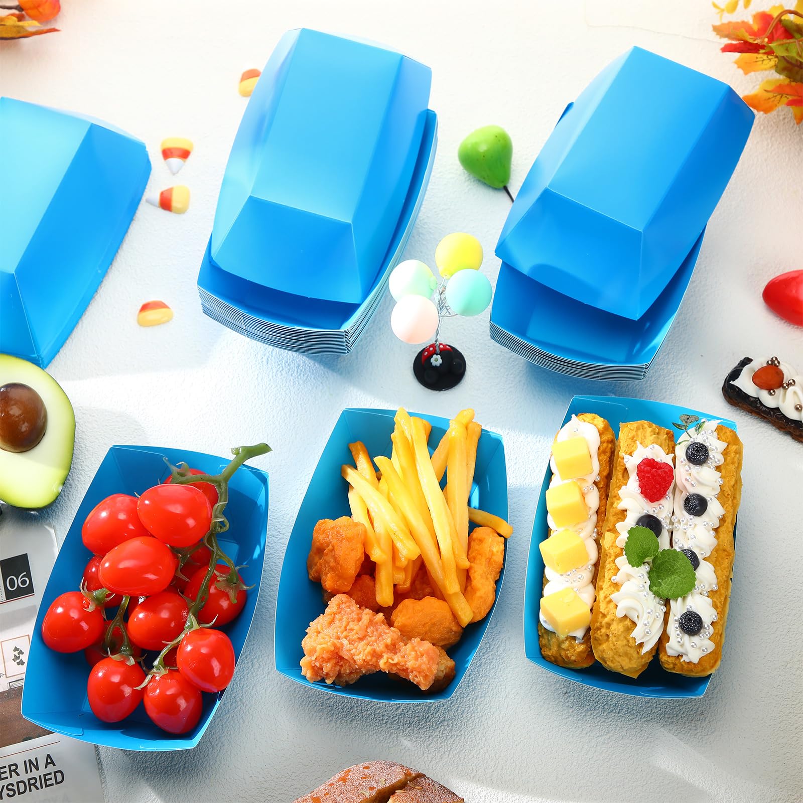 Uiifan 200 Pcs Paper Food Boats Disposable Paper Food Tray Nacho Fast Food Baskets Grease Resistant Disposable Serving Tray Cardboard Hot Dog Holder for Burgers Fries Sandwiches Picnic Party (Blue)