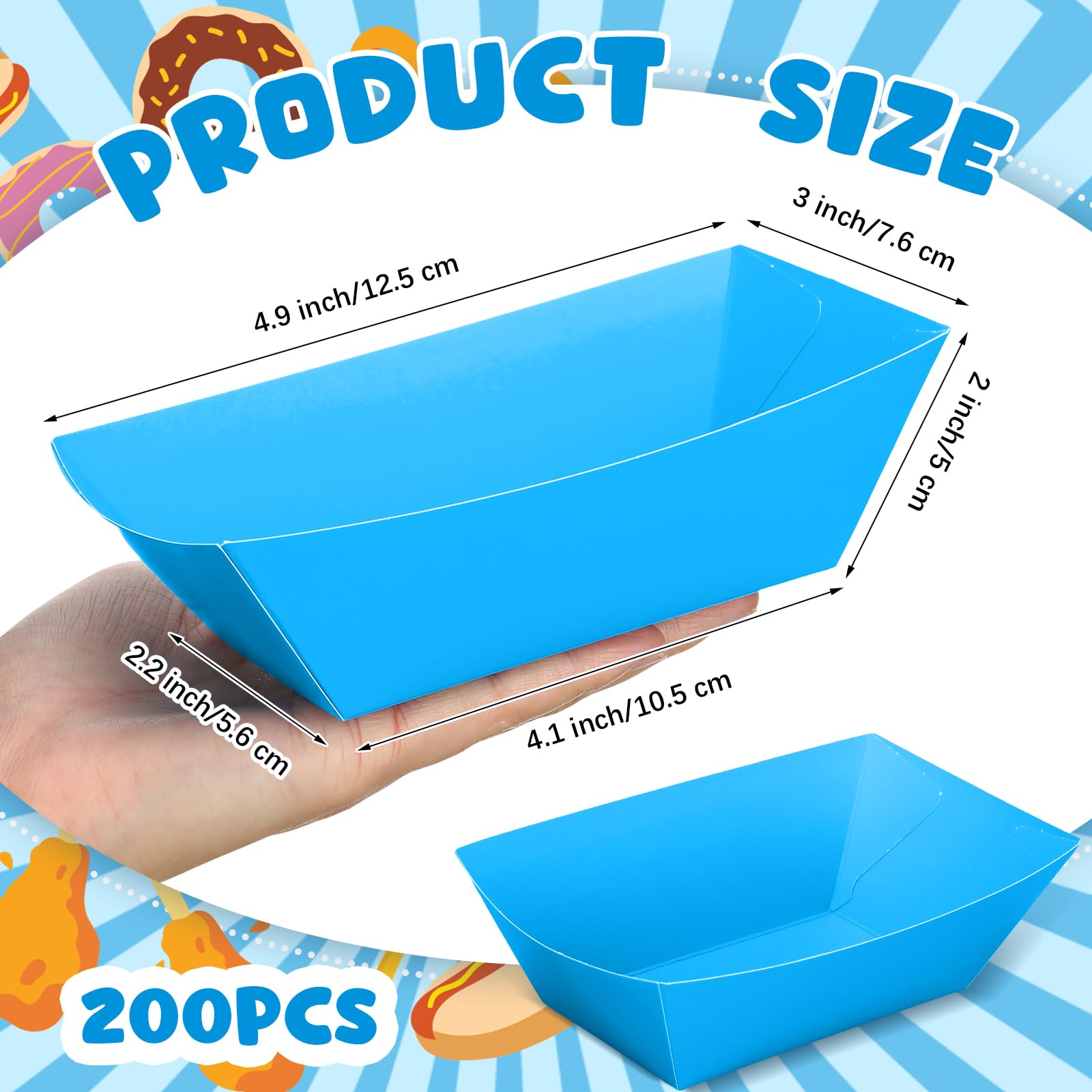 Uiifan 200 Pcs Paper Food Boats Disposable Paper Food Tray Nacho Fast Food Baskets Grease Resistant Disposable Serving Tray Cardboard Hot Dog Holder for Burgers Fries Sandwiches Picnic Party (Blue)