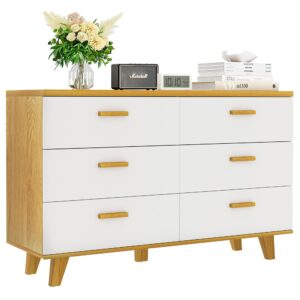 Vibe & Dine 6 Drawer Dresser, White Wooden Dresser for Bedroom, Wide Chest of Drawers with Solid Wood Handles and Legs for Living Room