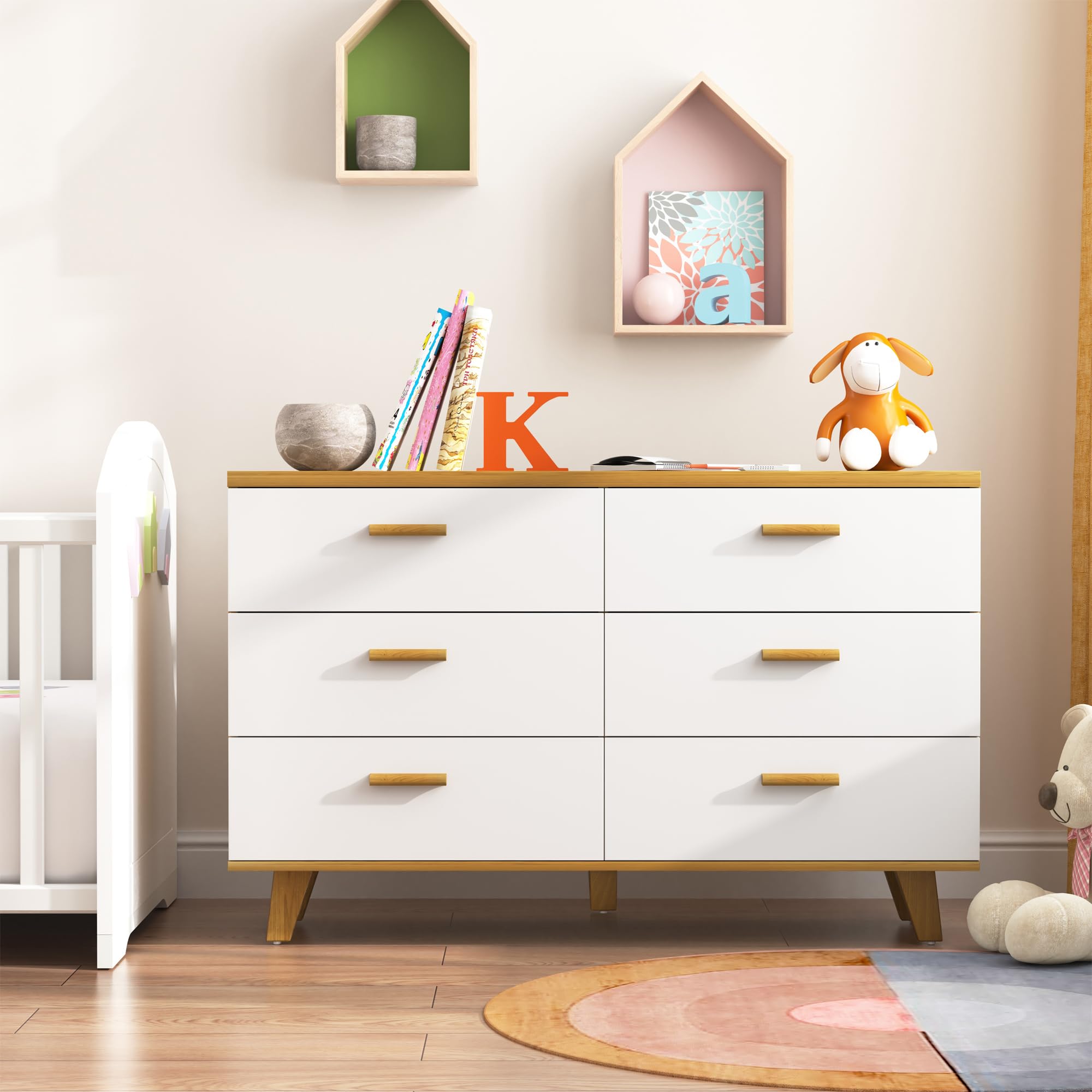 Vibe & Dine 6 Drawer Dresser, White Wooden Dresser for Bedroom, Wide Chest of Drawers with Solid Wood Handles and Legs for Living Room