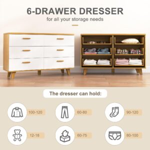 Vibe & Dine 6 Drawer Dresser, White Wooden Dresser for Bedroom, Wide Chest of Drawers with Solid Wood Handles and Legs for Living Room