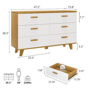 Vibe & Dine 6 Drawer Dresser, White Wooden Dresser for Bedroom, Wide Chest of Drawers with Solid Wood Handles and Legs for Living Room