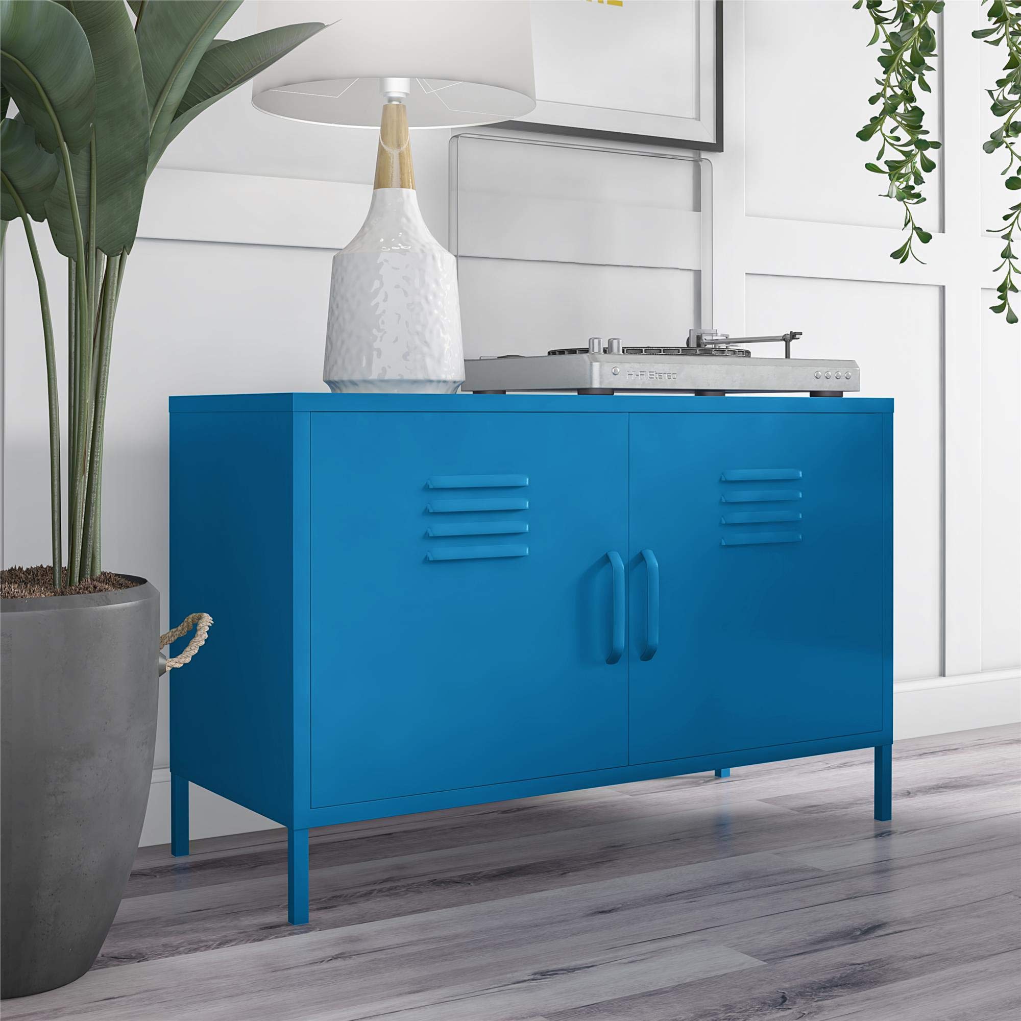 Novogratz Cache 2 Door Metal Locker Accent Cabinet and End Table, Blue