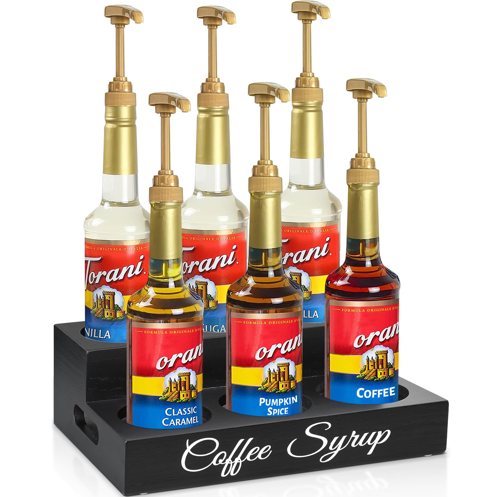 Coffee Syrup Organizer for Coffee Bar, 2-Tier Wood Coffee Syrup Rack Stand, 6 Syrup Bottles Holder for Counter, Coffee Bar Accessories Coffee Station Organizer, Freestanding Tabletop Wine Rack