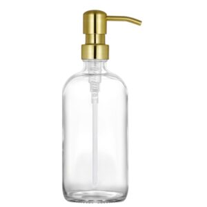 Clear Glass Jar Soap Dispenser with Gold Pump,16oz Round Bottle Dispenser with Stainless Steel Pump, Bathroom Soap Dispenser Set for Home Decor, Farmhouse & Kitchen Decor (Gold)