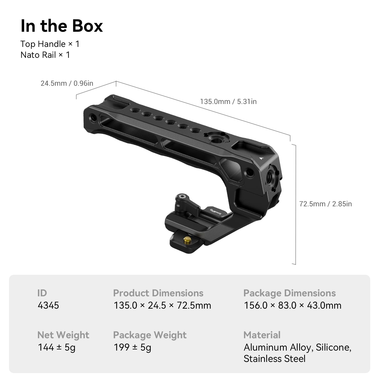 SmallRig Lightweight NATO Top Handle, Quick Release NATO Grip w/NATO Rail for DSLR Camera Cage, Universal Top Handle with 5 Cold Shoe Adapters - 4345