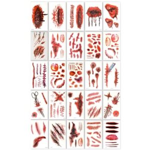 25 sheets halloween zombie temporary tattoos, nedeqi plus-size scar fake blood tattoos waterproof realistic stitches wound temp sticker for zombie makeup chucky sfx cosume prank cosplay kids men women