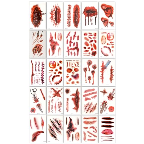 25 Sheets Halloween Zombie Temporary Tattoos, NEDEQI Plus-Size Scar Fake Blood Tattoos Waterproof Realistic Stitches Wound Temp Sticker for Zombie Makeup Chucky SFX Cosume Prank Cosplay Kids Men Women