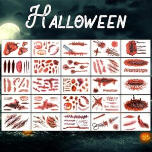 25 Sheets Halloween Zombie Temporary Tattoos, NEDEQI Plus-Size Scar Fake Blood Tattoos Waterproof Realistic Stitches Wound Temp Sticker for Zombie Makeup Chucky SFX Cosume Prank Cosplay Kids Men Women