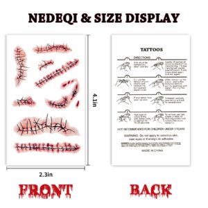 20 Sheets Halloween Zombie Temporary Tattoos - NEDEQI Chucky Scar Fake Blood Tattoos Waterproof Realistic Stitches Wound Temp Tattoo for Chucky Cosume Prank Makeup Cosplay Kids Men Women Adults