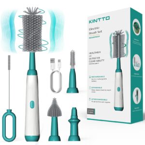 kintto electric bottle brush cleaner with rechargeable, cleaning for baby/water/wine/thermos bottles, waterproof 2 nipple and straw silicone brush 1500mah
