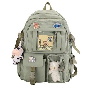 srdmuph kawaii backpack with cute accessories pin pendant travel laptop bag large outdoor waterproof casual daypack women (green)