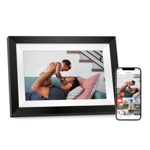 eptusmey wifi digital picture frame with 32g storage, 11.5" digital photo frame with load from phone capability, share photo via frameo app, video display- gift for mom, black wood with white mat