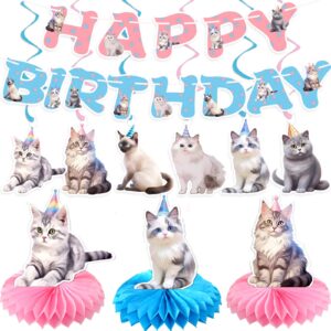 pre-assembled cat birthday party supplies cat birthday party decorations banner with 6 cat hanging cutouts 6 hanging swirl decor and 3 birthday honeycomb for kids girls party decorations