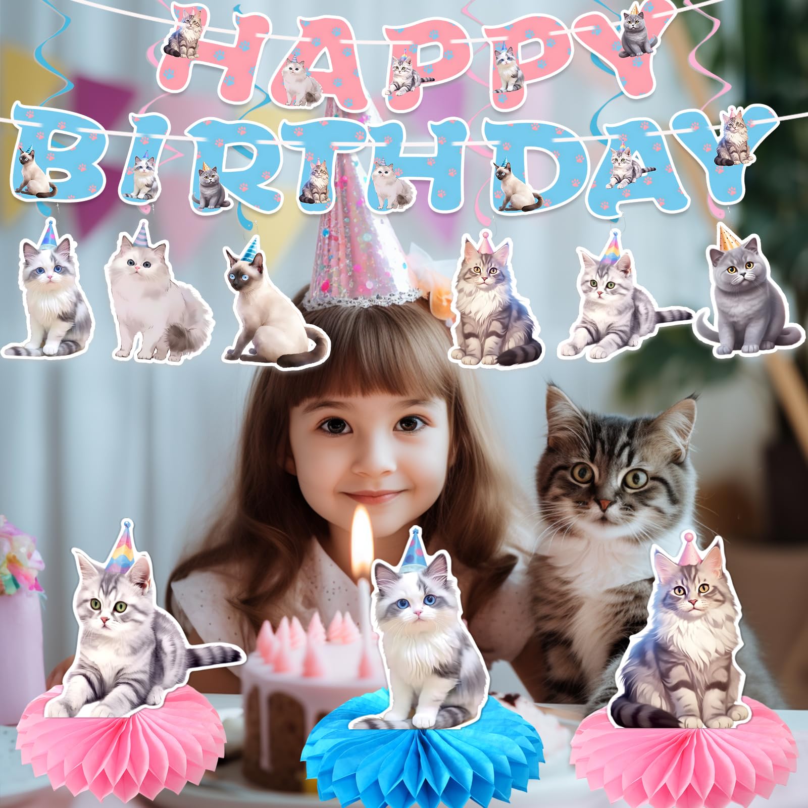 Pre-assembled Cat Birthday Party Supplies Cat Birthday Party Decorations Banner with 6 Cat Hanging Cutouts 6 Hanging Swirl Decor and 3 Birthday Honeycomb for Kids Girls Party Decorations