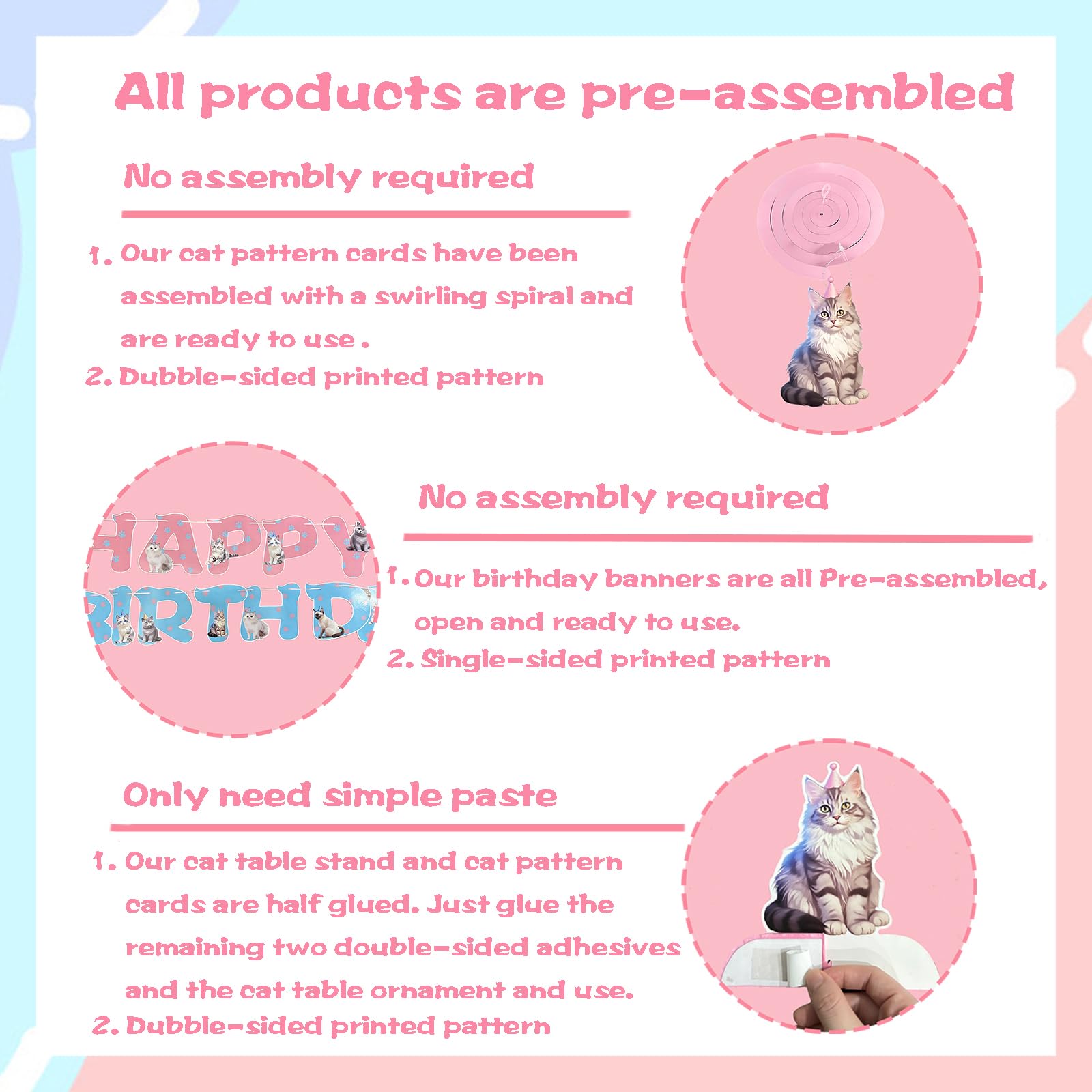 Pre-assembled Cat Birthday Party Supplies Cat Birthday Party Decorations Banner with 6 Cat Hanging Cutouts 6 Hanging Swirl Decor and 3 Birthday Honeycomb for Kids Girls Party Decorations