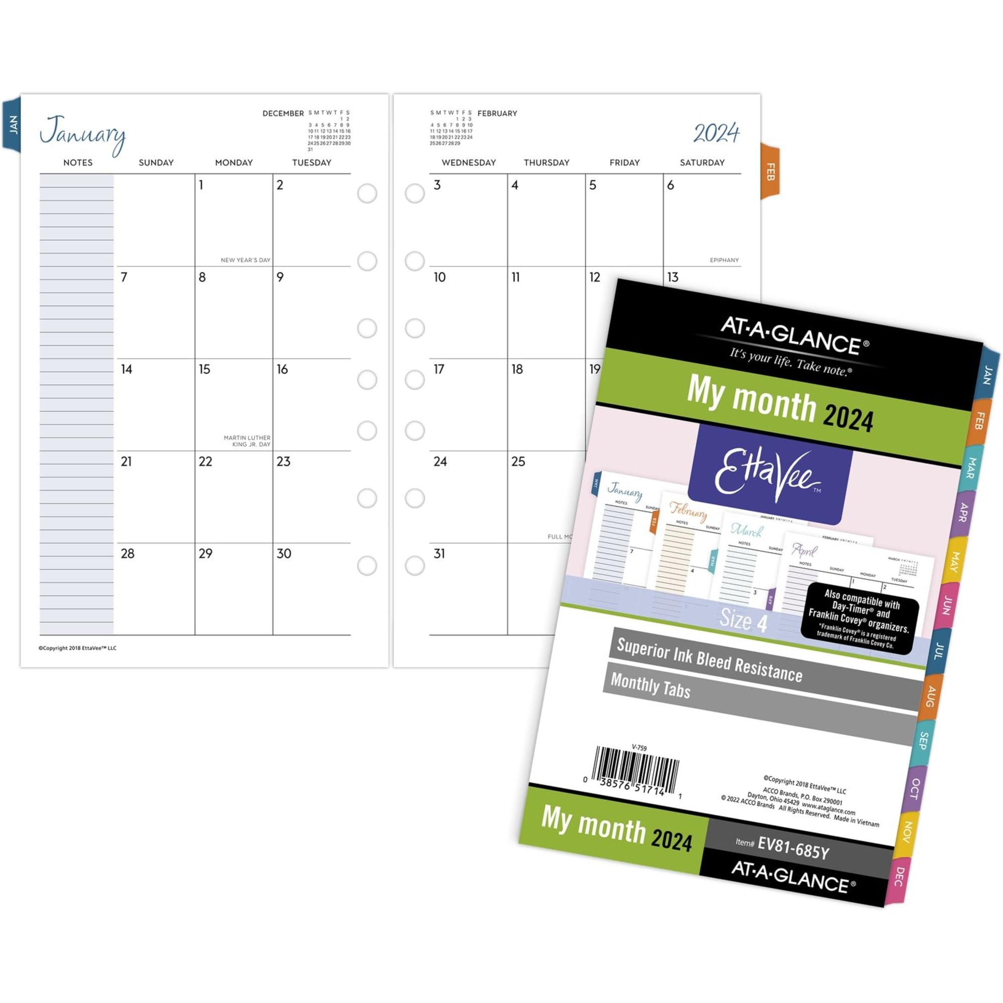 AT-A-GLANCE® EttaVee Monthly Planner Refills, 5-1/2" x 8-1/2", January to December 2024
