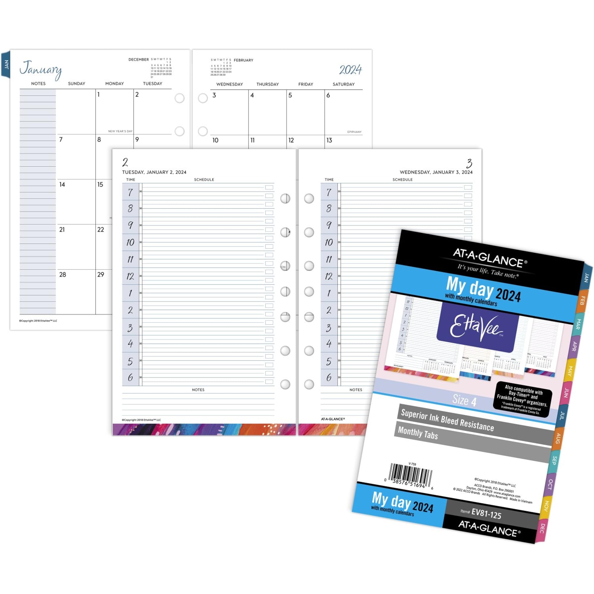 AT-A-GLANCE® EttaVee Daily/Monthly Loose-Leaf Planner Refill Pages, 5-1/2" x 8-1/2", January to December 2024, EV81-125