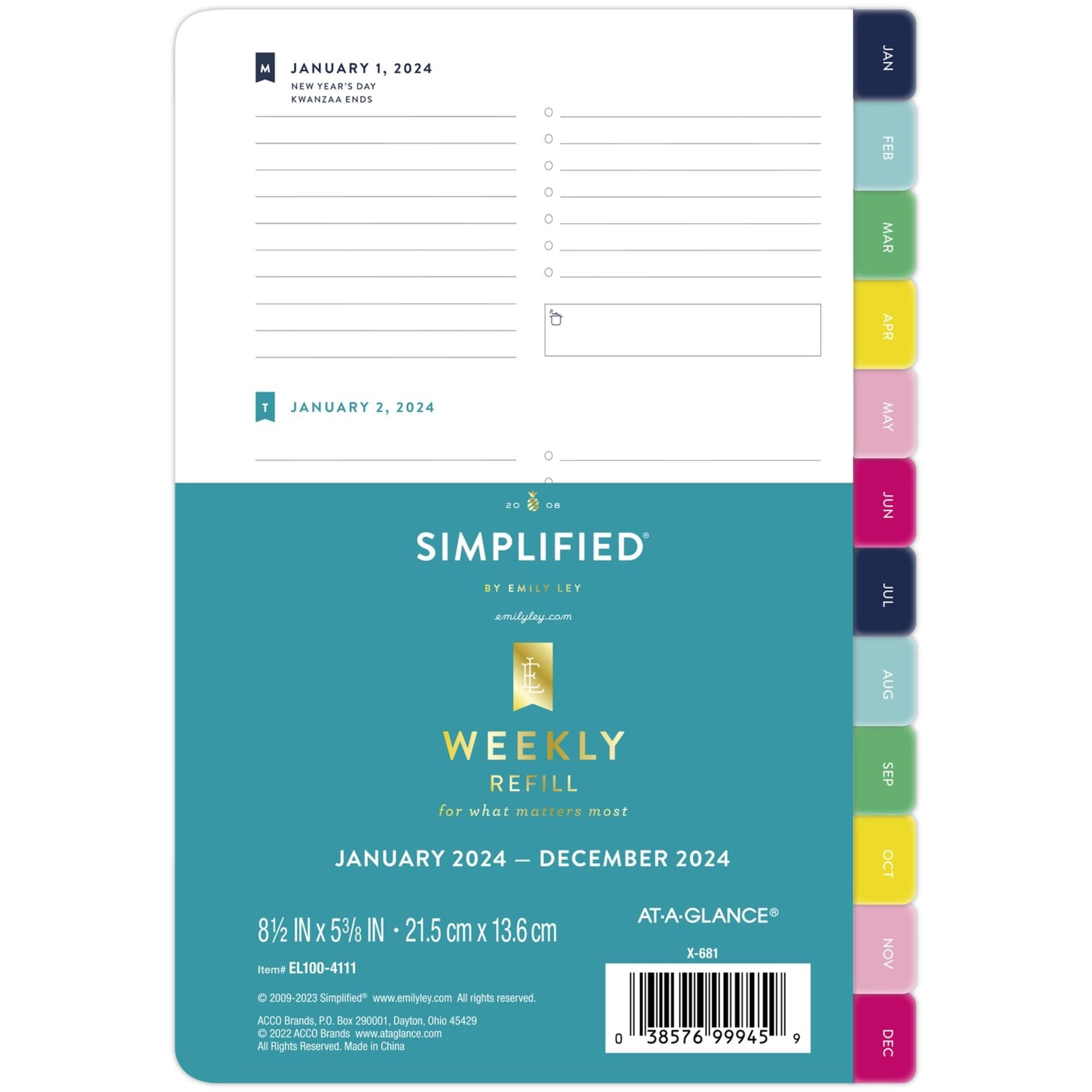 Simplified by Emily Ley for AT-A-GLANCE® Weekly Loose-Leaf Planner Refill Pages, 5-1/2" x 8-1/2", January to December 2024, EL100-4111