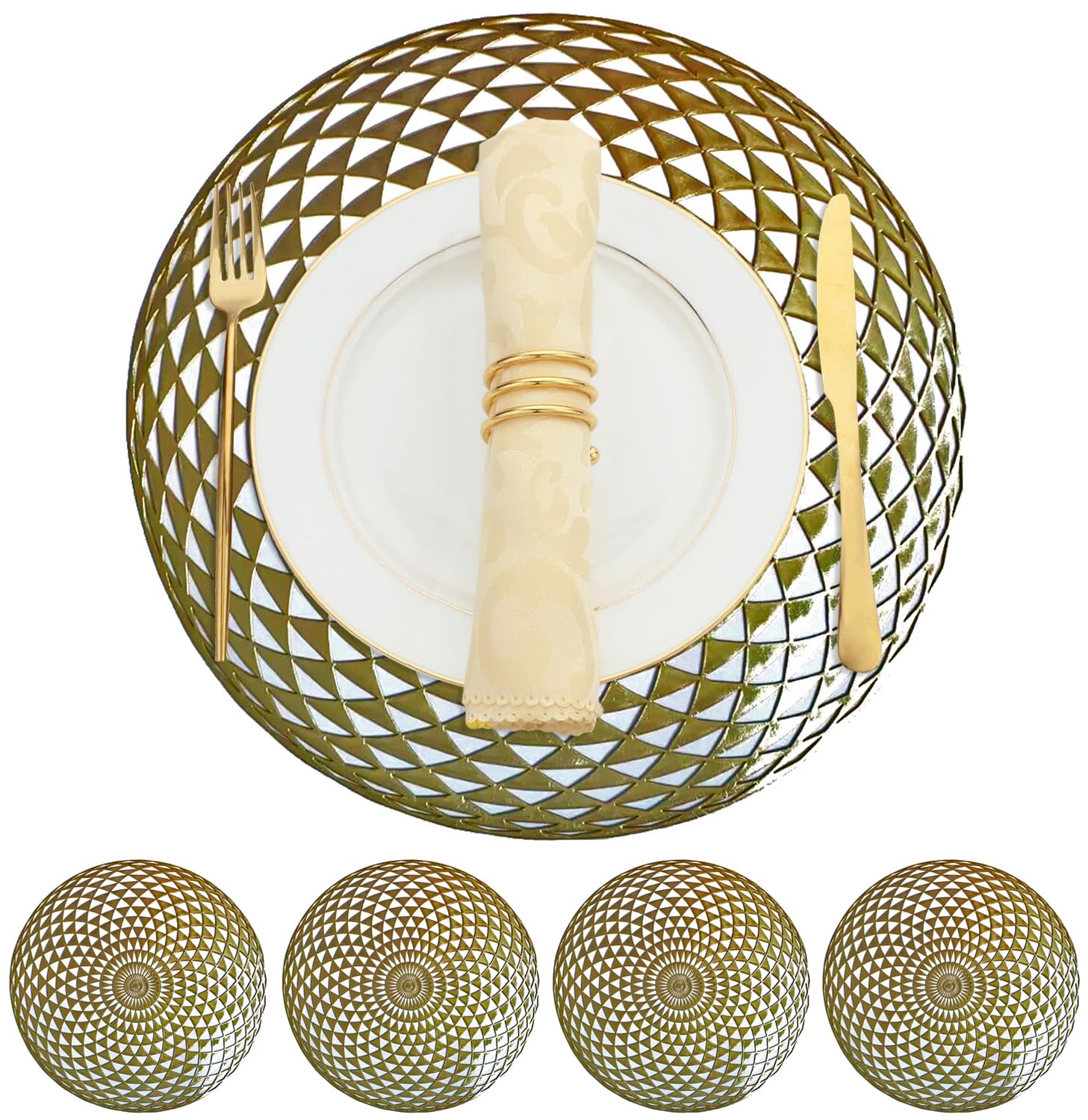 Metallic Placemats Set of 4 - Easy to Clean, Washable Decorative Place Mats for Kitchen and Dining Table - Non-Slip Round Table Mats - Dinnerware & Accessories - Dining Table Centerpiece Decor, Gold