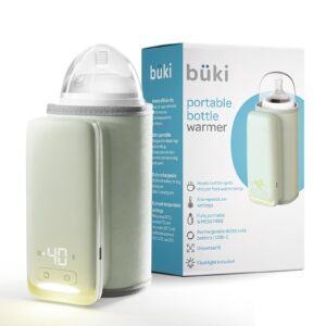 büki portable bottle warmer for breastmilk or baby formula - fast heating + leak-proof + adjustable travel warmer with battery-powered temperature display, flashlight - 6000mah rechargeable battery